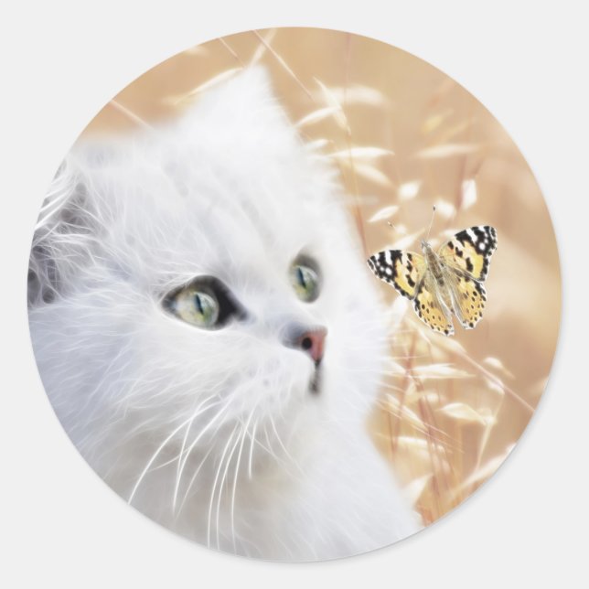 White kitten and butterfly classic round sticker (Front)
