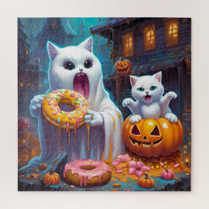 White Kitten and Ghost eat Halloween Donuts Jigsaw Puzzle