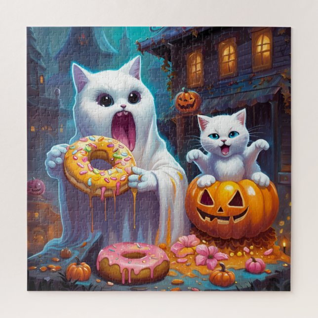 White Kitten and Ghost eat Halloween Donuts Jigsaw Puzzle (Vertical)