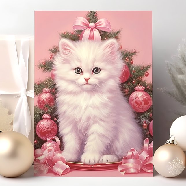 White Kitten and Pink Christmas Tree Holiday Card (Creator Uploaded)