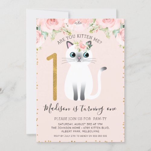 White Kitten Are You Kitten Me 1st Birthday Invitation