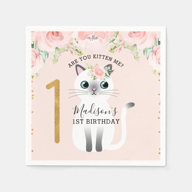 White Kitten Are You Kitten Me 1st Birthday Paper Napkins (Front)
