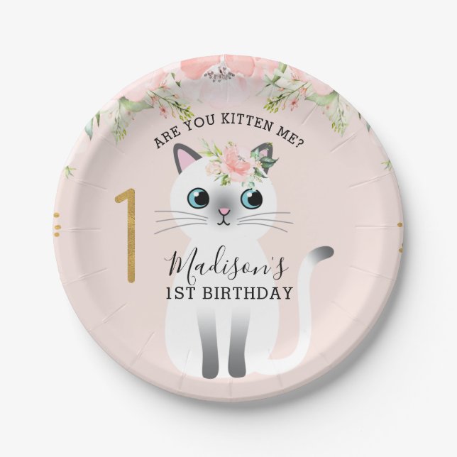 White Kitten Are You Kitten Me 1st Birthday Paper Plates (Front)