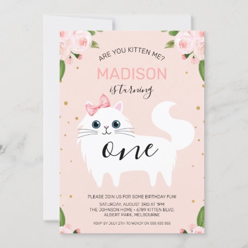 White Kitten Are You Kitten Me Birthday Invitation