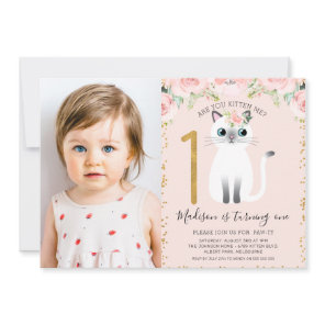 White Kitten Are You Kitten Me Photo 1st Birthday Invitation