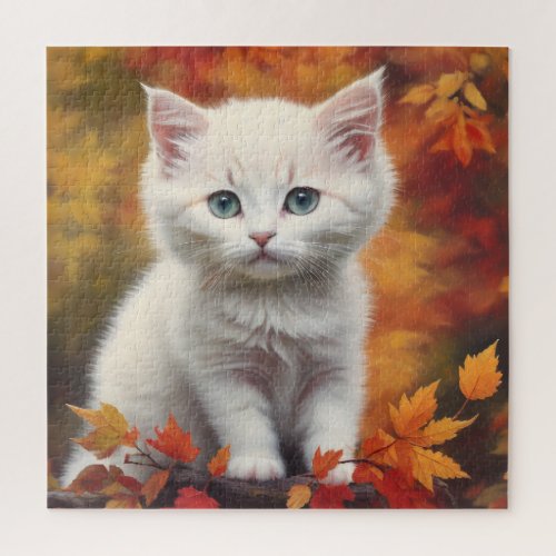 White Kitten Autumn Leaves Portrait Jigsaw Puzzle