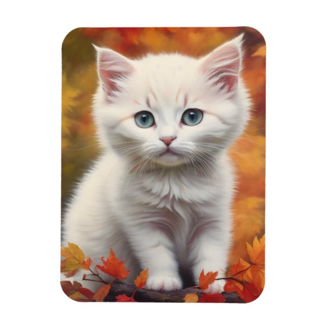 White Kitten Autumn Leaves Portrait Magnet (Vertical)