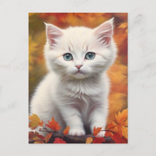 White Kitten Autumn Leaves Portrait Postcard