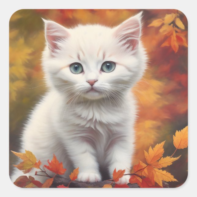 White Kitten Autumn Leaves Portrait Square Sticker (Front)
