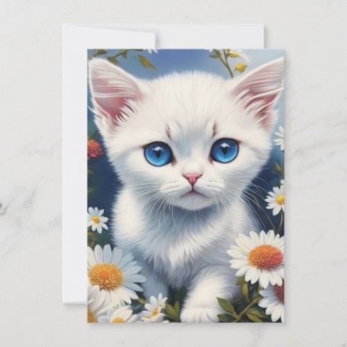 White Kitten Blue Eyes Daisy Flower Invitation