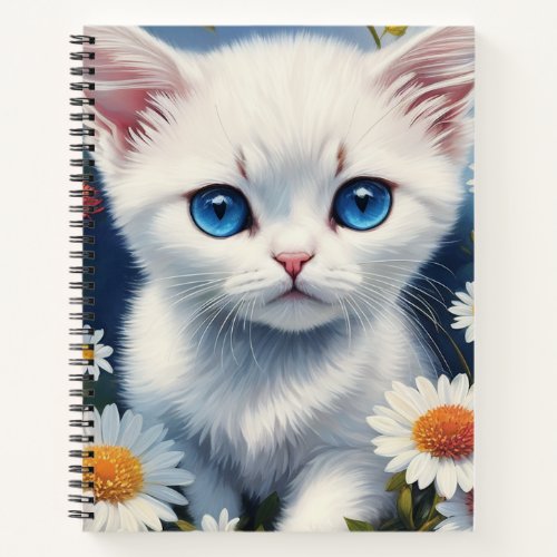 White Kitten Blue Eyes Daisy Notebook