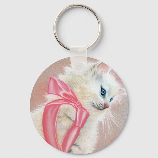 White kitten cat pink bow keychain (Front)