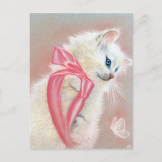 White Kitten Cat Pink Bow Postcard