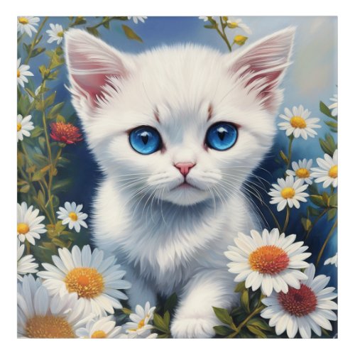 White Kitten Daisy Flower Painting Acrylic Print