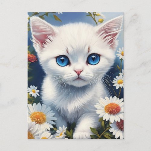 White Kitten Daisy Flower Painting Postcard