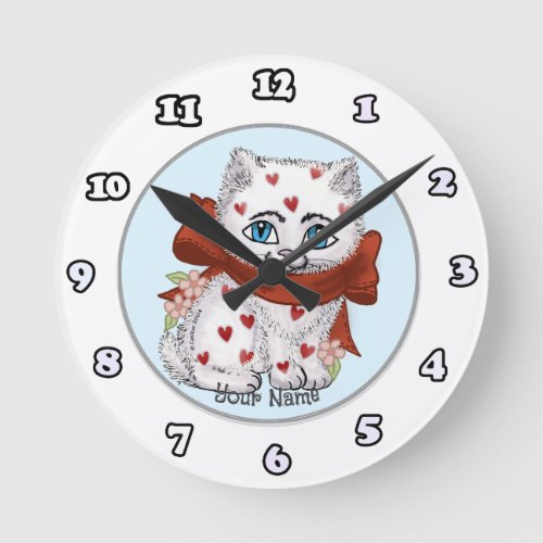 White Kitten Hearts custom name clock