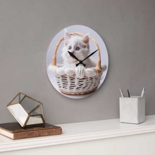 White Kitten In a Basket Large Clock