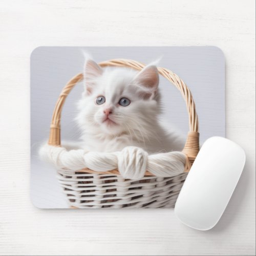 White Kitten In a Basket Mouse Pad