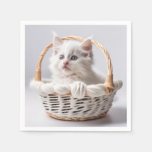 White Kitten In a Basket Napkins