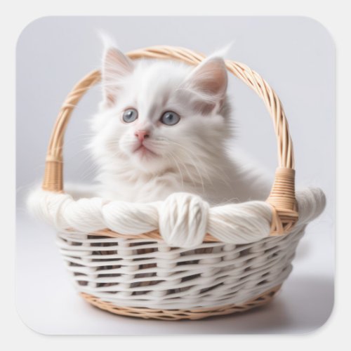 White Kitten In a Basket Square Sticker