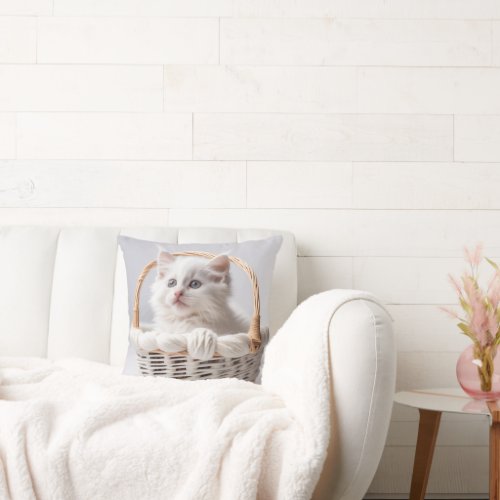 White Kitten In a Basket Throw Pillow