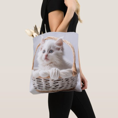 White Kitten In a Basket Tote Bag