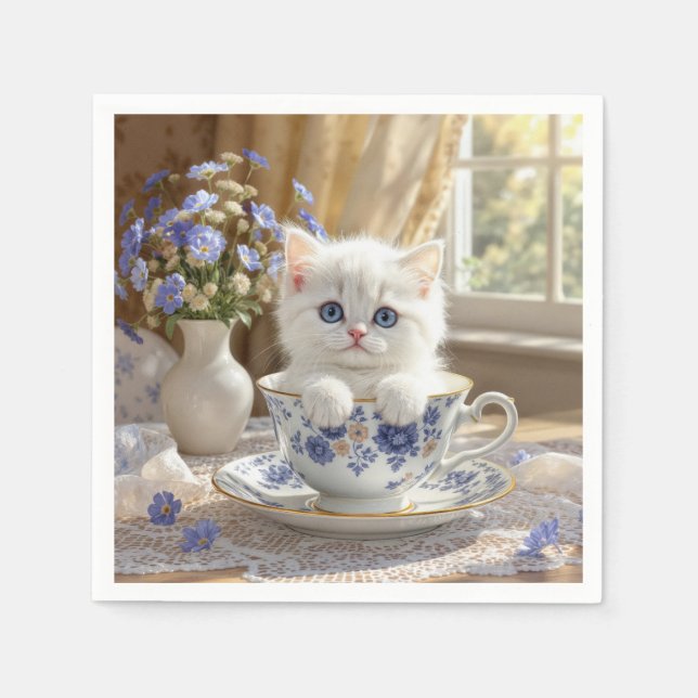 White Kitten In a Teacup Napkins (Front)