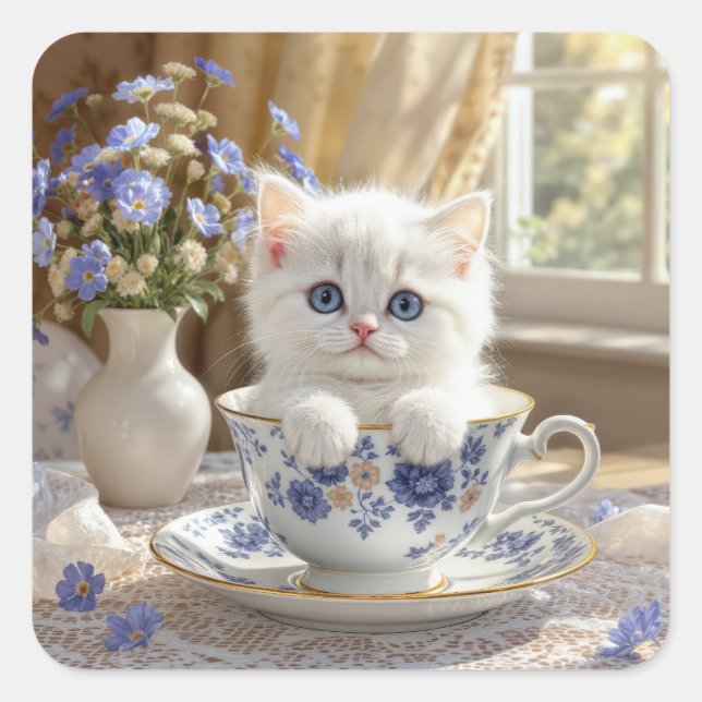 White Kitten In a Teacup Square Sticker (Front)