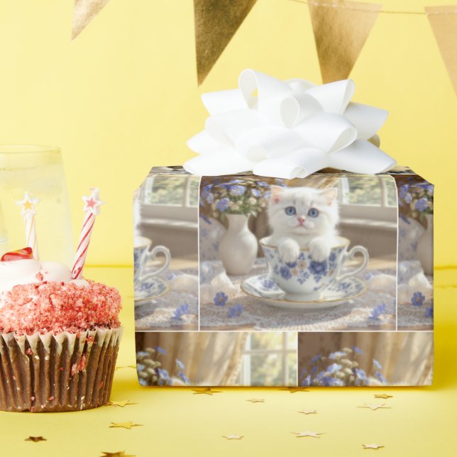 White Kitten In a Teacup Wrapping Paper (Birthday Party)