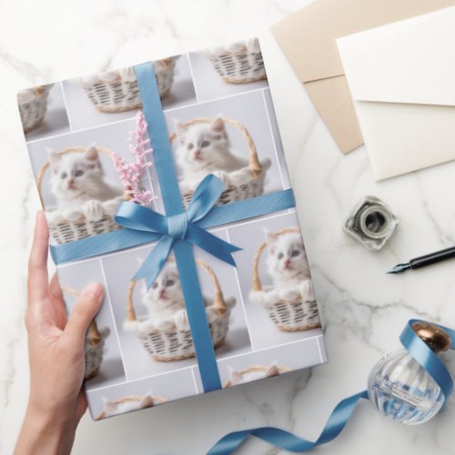 White Kitten In A Wicker Basket Wrapping Paper