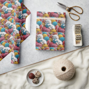 White Kitten In Colorful Yarn Balls Wrapping Paper