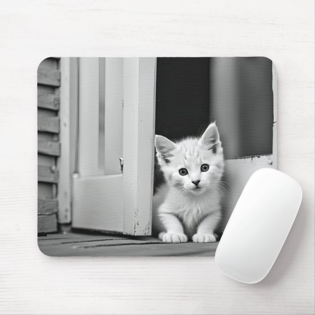 White Kitten In Doorway Mouse Pad (With Mouse)