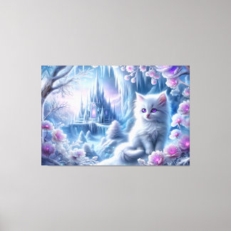 White Kitten in Fantasy Ice Kingdom Canvas Print