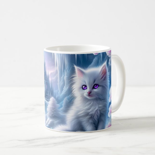 White Kitten in Fantasy Ice Kingdom Coffee Mug (Front Right)
