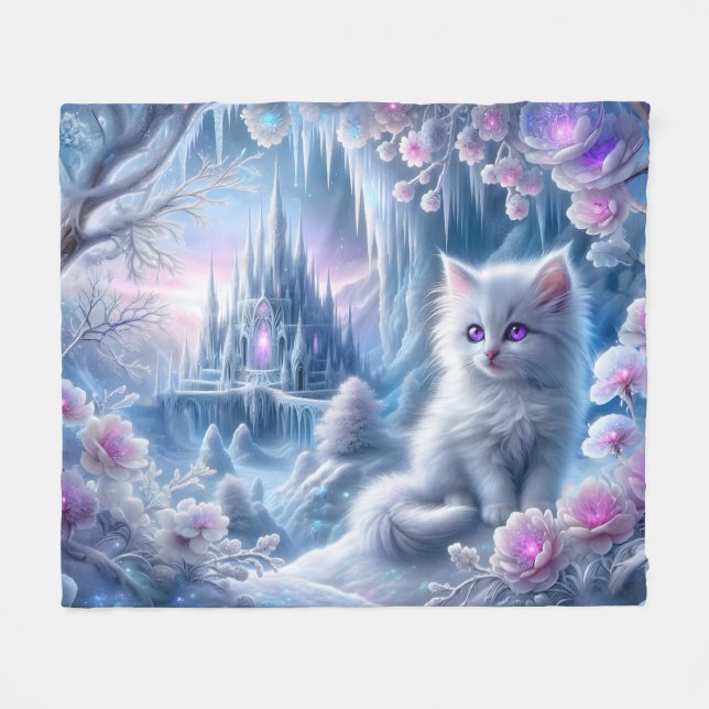 White Kitten in Fantasy Ice Kingdom Fleece Blanket (Front (Horizontal))