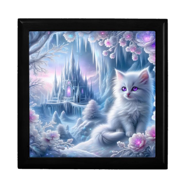 White Kitten in Fantasy Ice Kingdom Gift Box (Front)