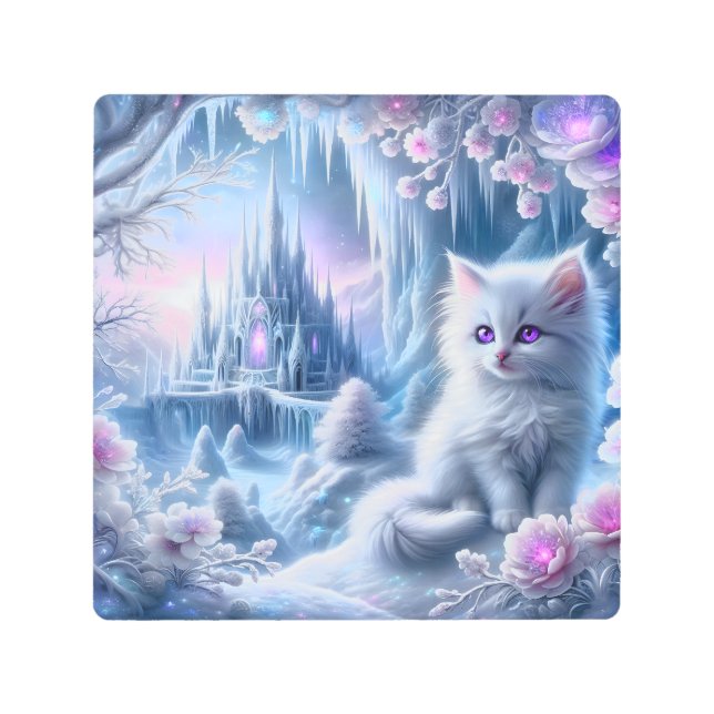White Kitten in Fantasy Ice Kingdom Metal Print (Front)
