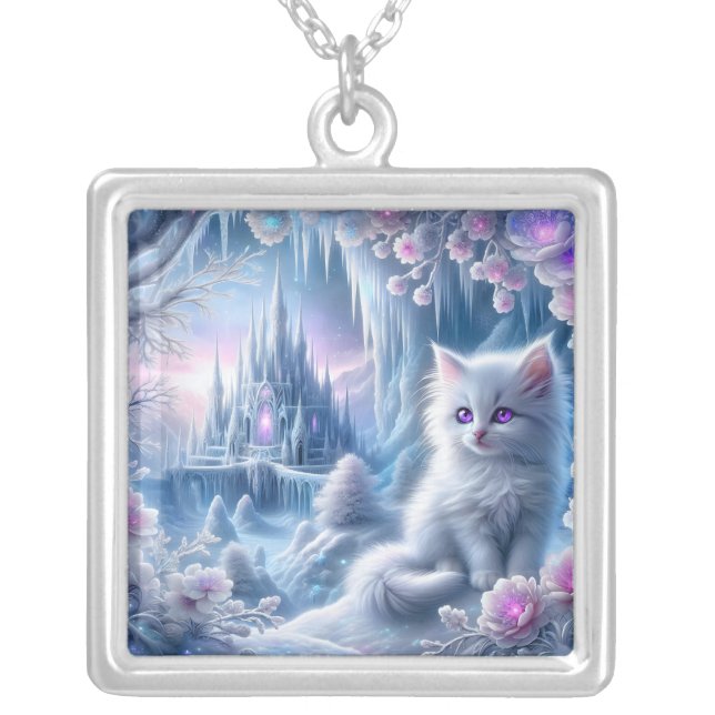 White Kitten in Fantasy Ice Kingdom Silver Plated Necklace (Front)