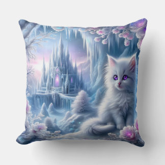 White Kitten in Fantasy Ice Kingdom Throw Pillow