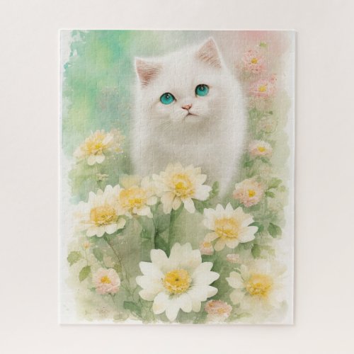 White Kitten in Floral Garden  Jigsaw Puzzle