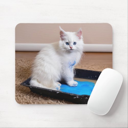 White Kitten In Paint Tray Mouse Pad