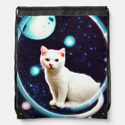 White Kitten in Space Drawstring Bag