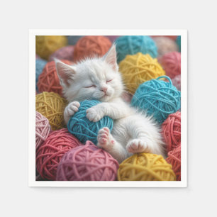 White Kitten In Yarn Balls Napkins
