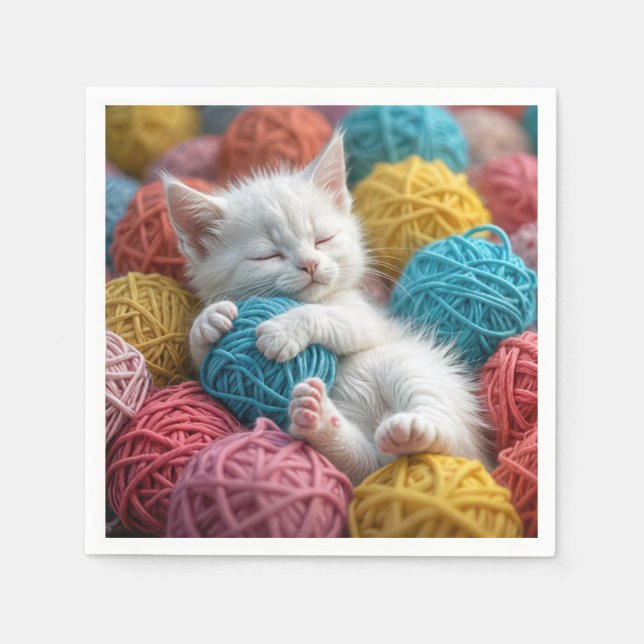 White Kitten In Yarn Balls Napkins (Front)