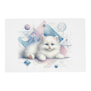 White Kitten Laminated Placemat and Geometric Art