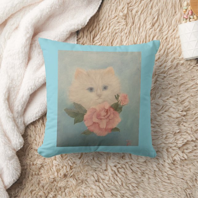White Kitten n Flower Throw Pillow (Blanket)