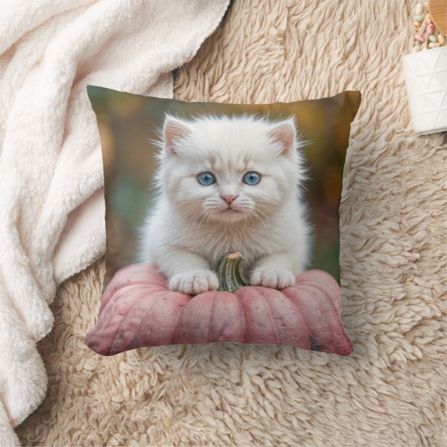 White Kitten On Pink Pumpkin Throw Pillow (Blanket)