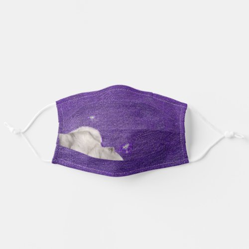 white kitten on purple denim adult cloth face mask