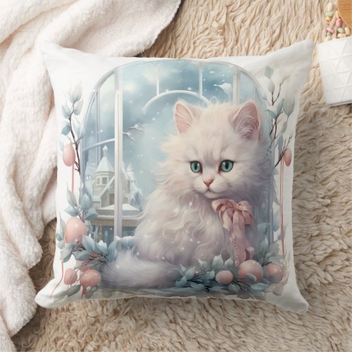 White Kitten Pink Bow and Balls Throw Pillow