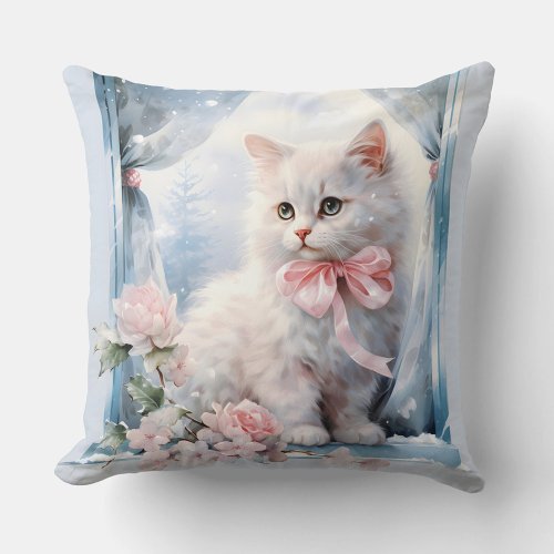  White Kitten Pink Bow Throw Pillow